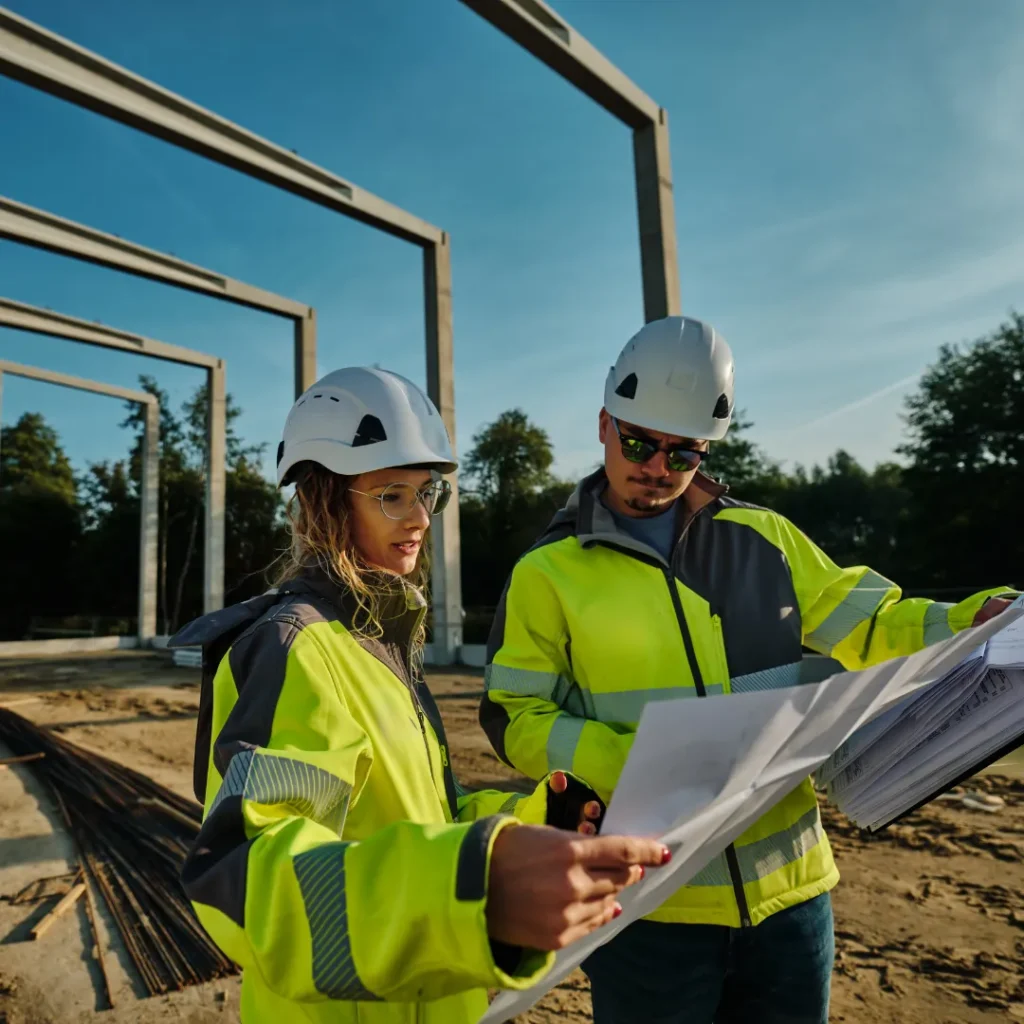 Inżynierowie CS Construction analizują dokumentację techniczną na placu budowy hali przemysłowej. Koordynacja projektu i kontrola zgodności realizacji z dokumentacją konstrukcyjną.